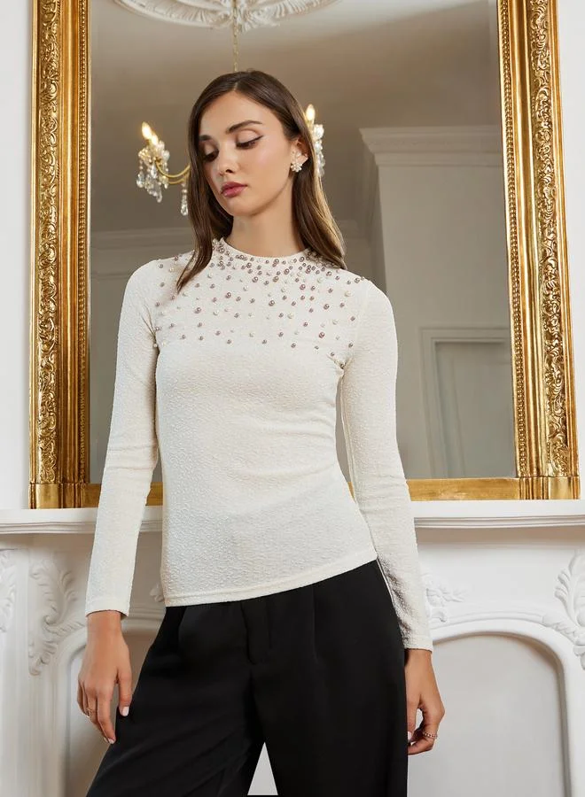 Styli Women Pearl Embellished Long Sleeve Knit Top